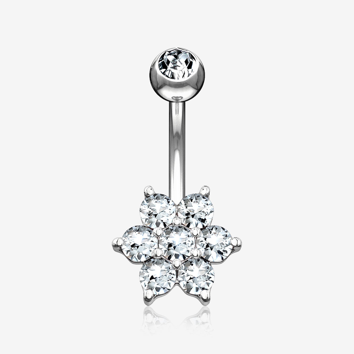 14 Karat White Gold Spring Flower Sparkle Prong Set Belly Button Ring-Clear Gem
