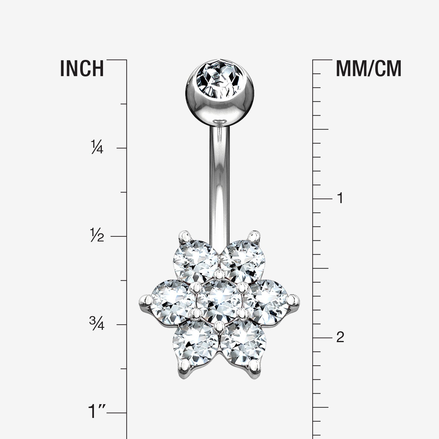 Detail View 1 of 14 Karat White Gold Spring Flower Sparkle Prong Set Belly Button Ring-Clear Gem