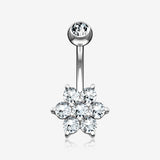 14 Karat White Gold Spring Flower Sparkle Prong Set Belly Button Ring-Clear Gem
