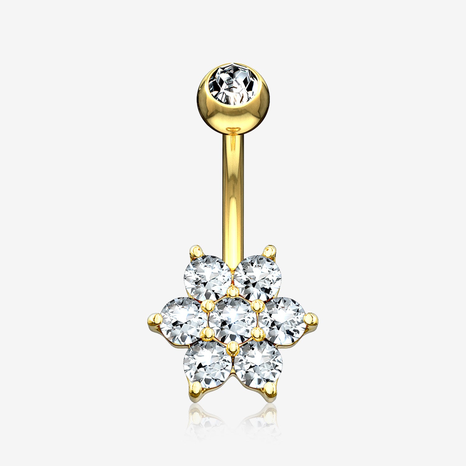 14 Karat Gold Spring Flower Sparkle Prong Set Belly Button Ring-Clear Gem
