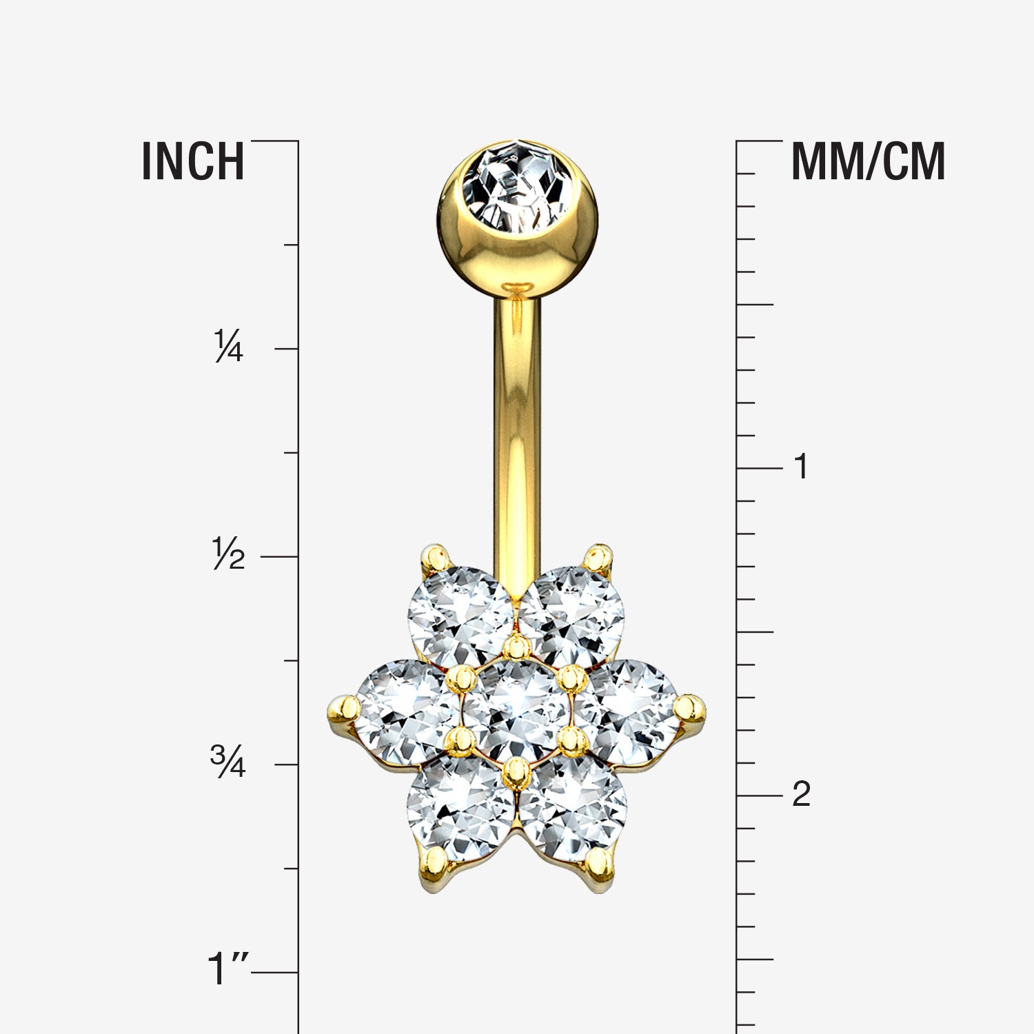 Detail View 1 of 14 Karat Gold Spring Flower Sparkle Prong Set Belly Button Ring-Clear Gem