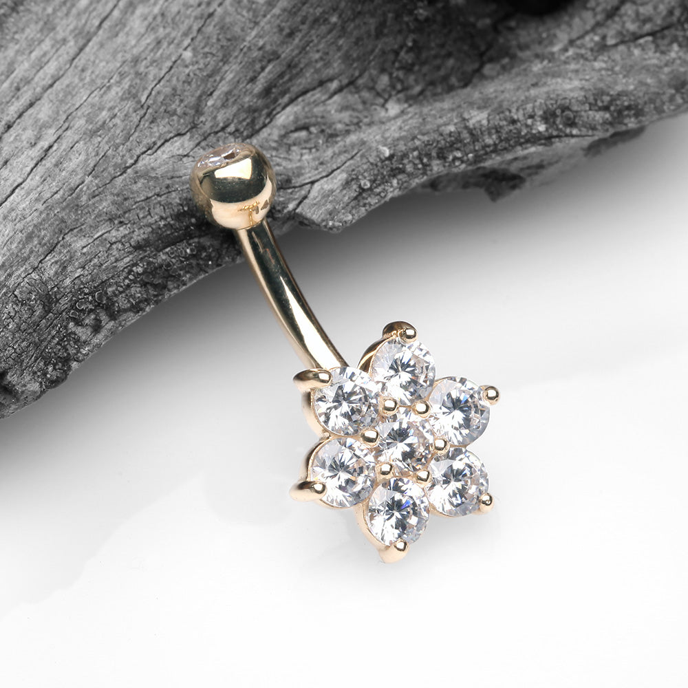 Detail View 2 of 14 Karat Gold Spring Flower Sparkle Prong Set Belly Button Ring-Clear Gem