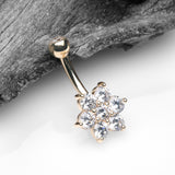 Detail View 2 of 14 Karat Gold Spring Flower Sparkle Prong Set Belly Button Ring-Clear Gem