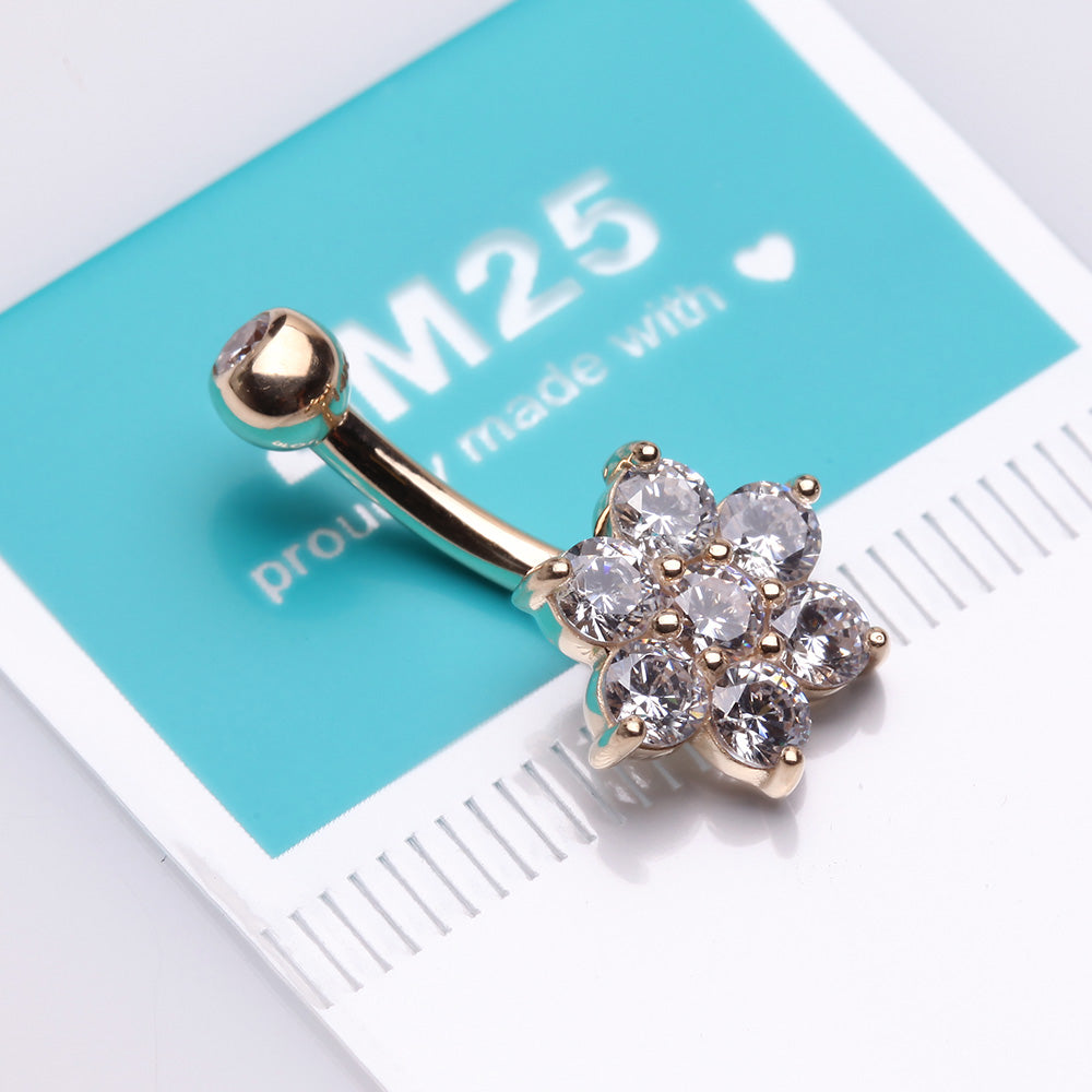 Detail View 3 of 14 Karat Gold Spring Flower Sparkle Prong Set Belly Button Ring-Clear Gem
