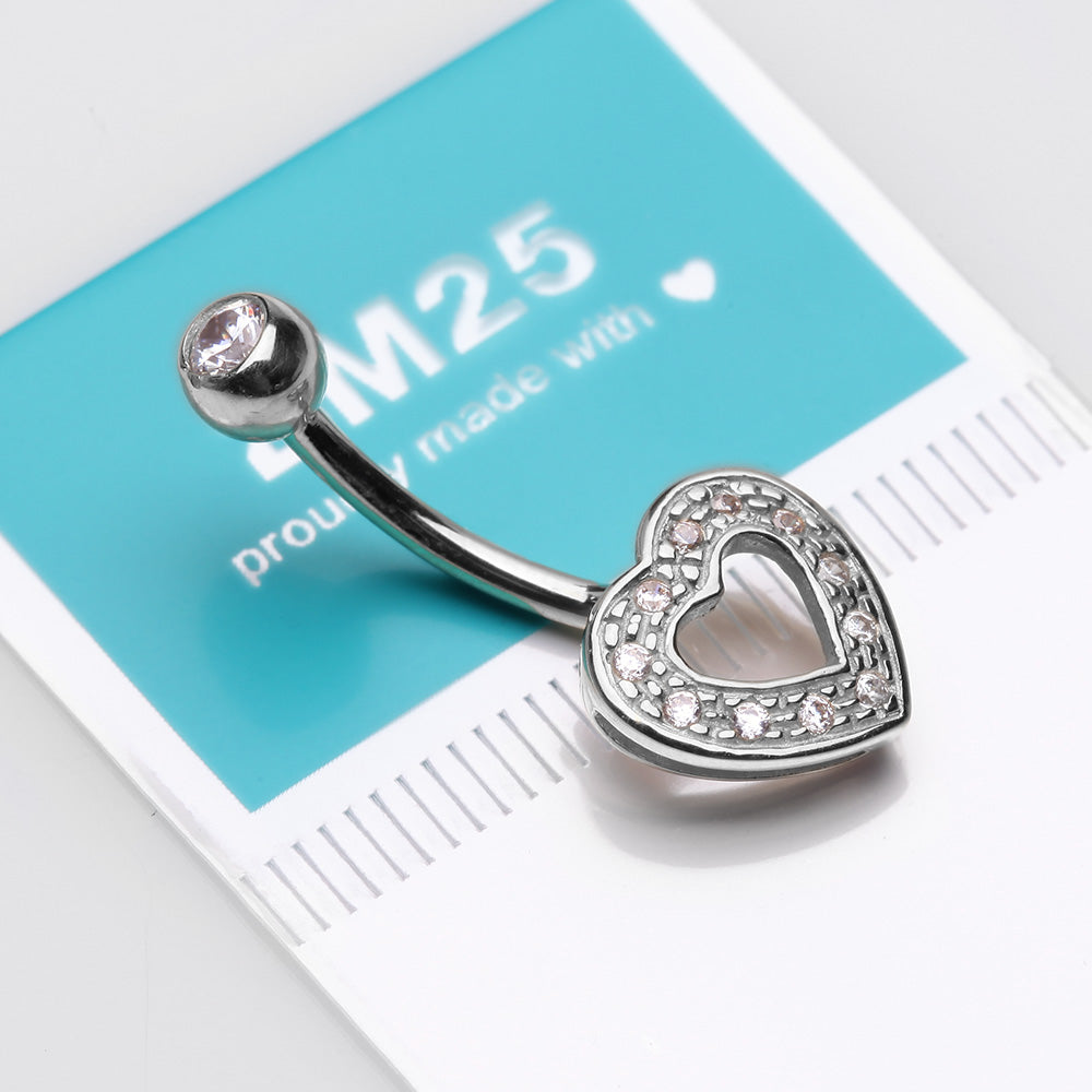 Detail View 3 of 14 Karat White Gold Charming Heart Sparkle Belly Button Ring-Clear Gem