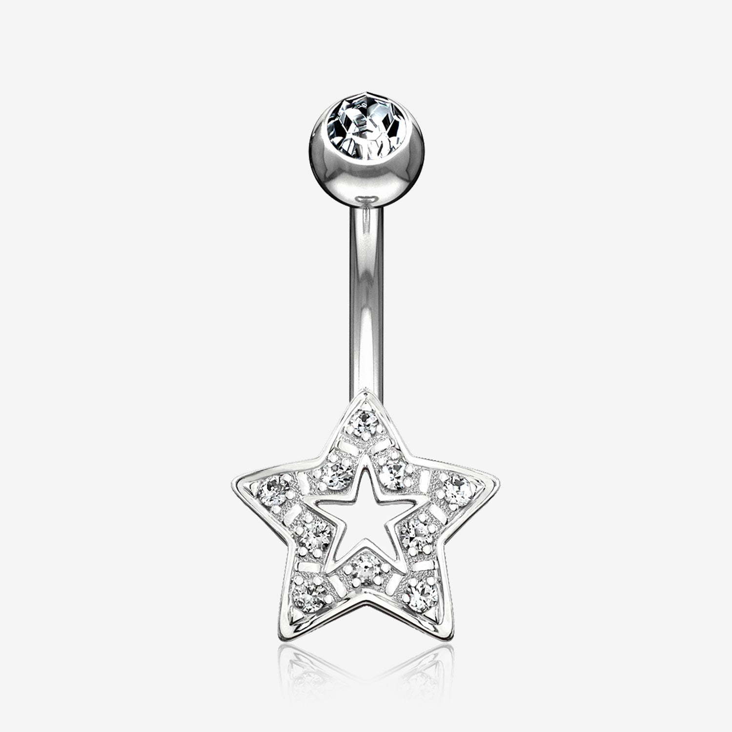 14 Karat White Gold Charming Star Sparkle Belly Button Ring-Clear Gem