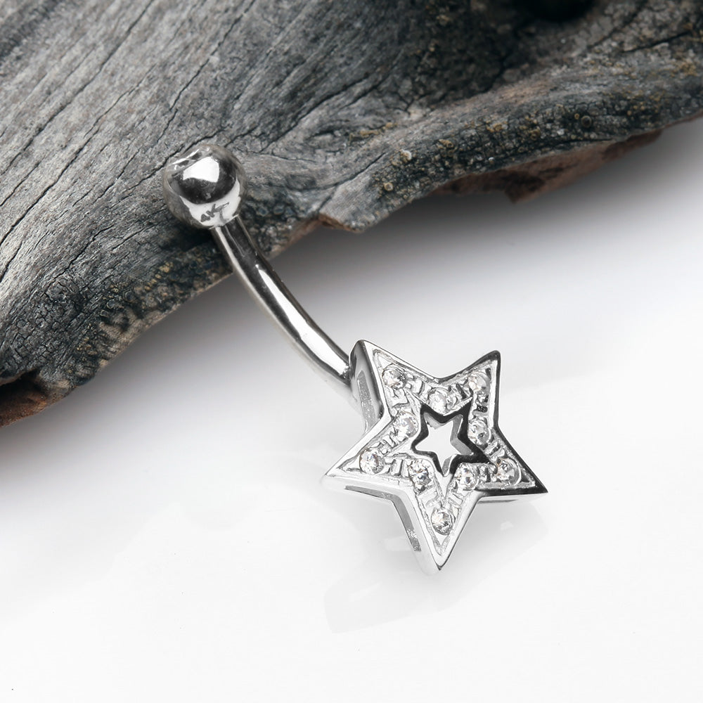 Detail View 2 of 14 Karat White Gold Charming Star Sparkle Belly Button Ring-Clear Gem