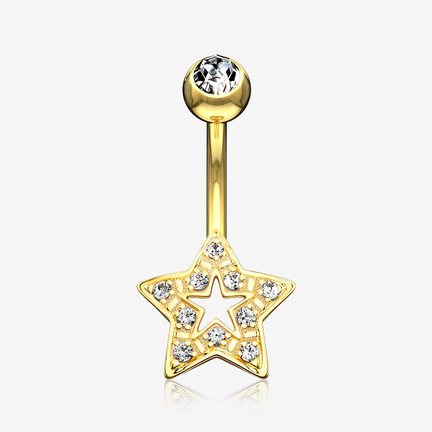 14 Karat Gold Charming Star Sparkle Belly Button Ring-Clear Gem