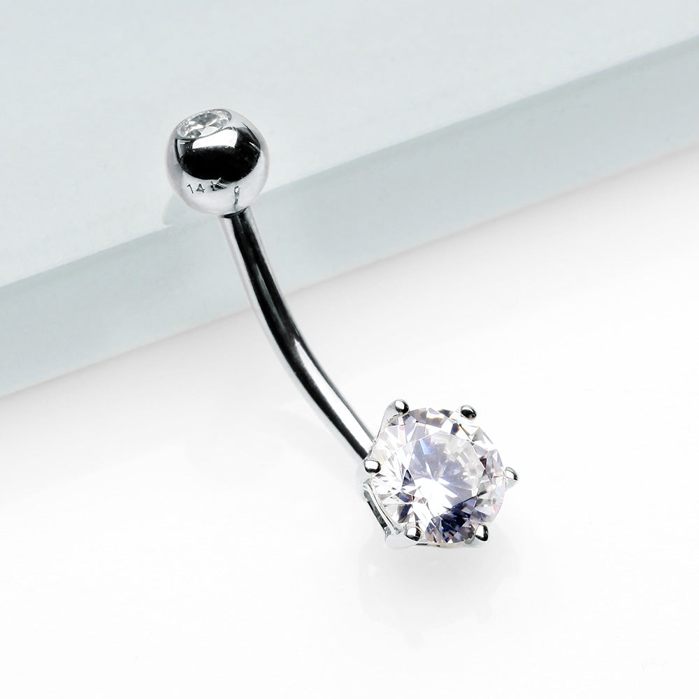 Detail View 2 of 14 Karat White Gold Glam Prong Set Gem Belly Button Ring-Clear Gem