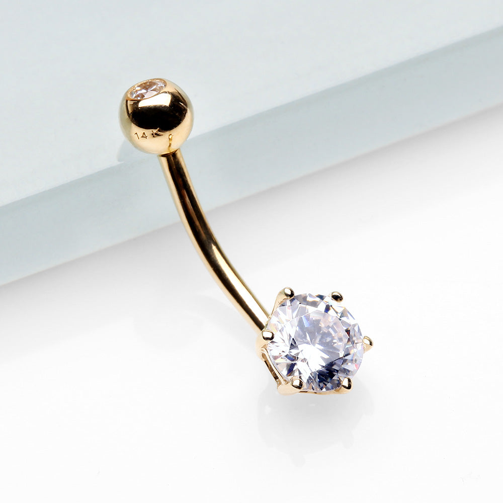 Detail View 2 of 14 Karat Gold Glam Prong Set Gem Belly Button Ring-Clear Gem