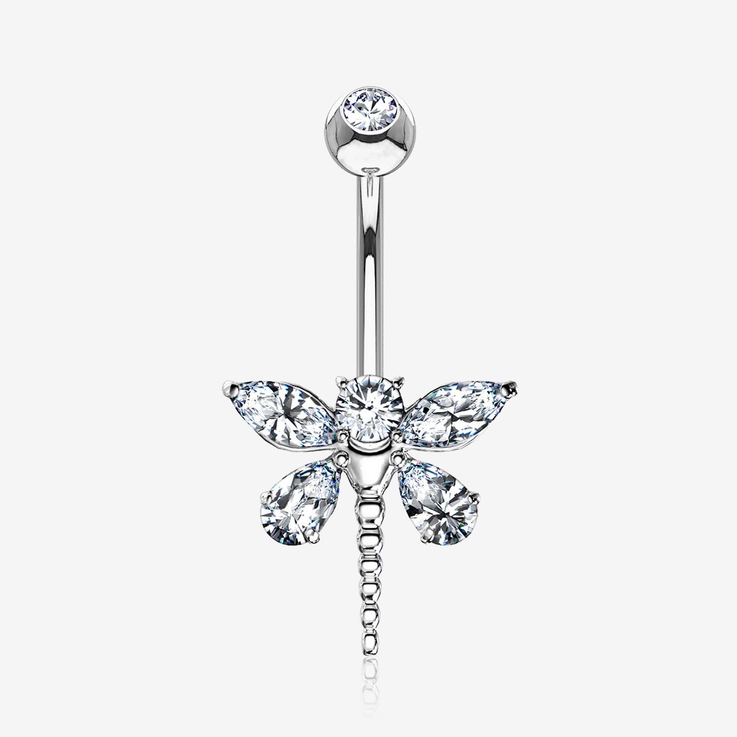 14 Karat White Gold Marquise Teardrop Sparkle Gem Dragonfly Belly Button Ring-Clear Gem