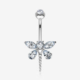 14 Karat White Gold Marquise Teardrop Sparkle Gem Dragonfly Belly Button Ring-Clear Gem