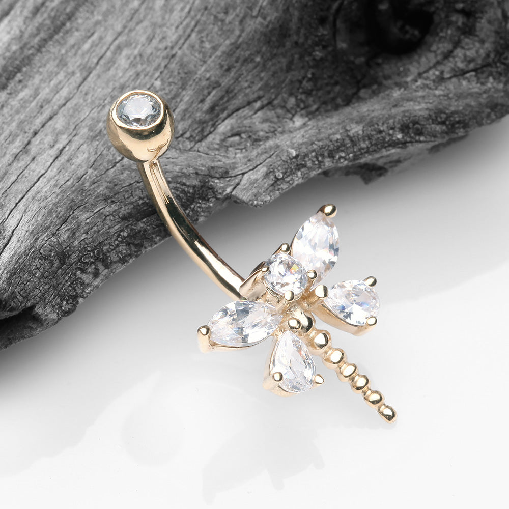 Detail View 2 of 14 Karat Gold Marquise Teardrop Sparkle Gem Dragonfly Belly Button Ring-Clear Gem