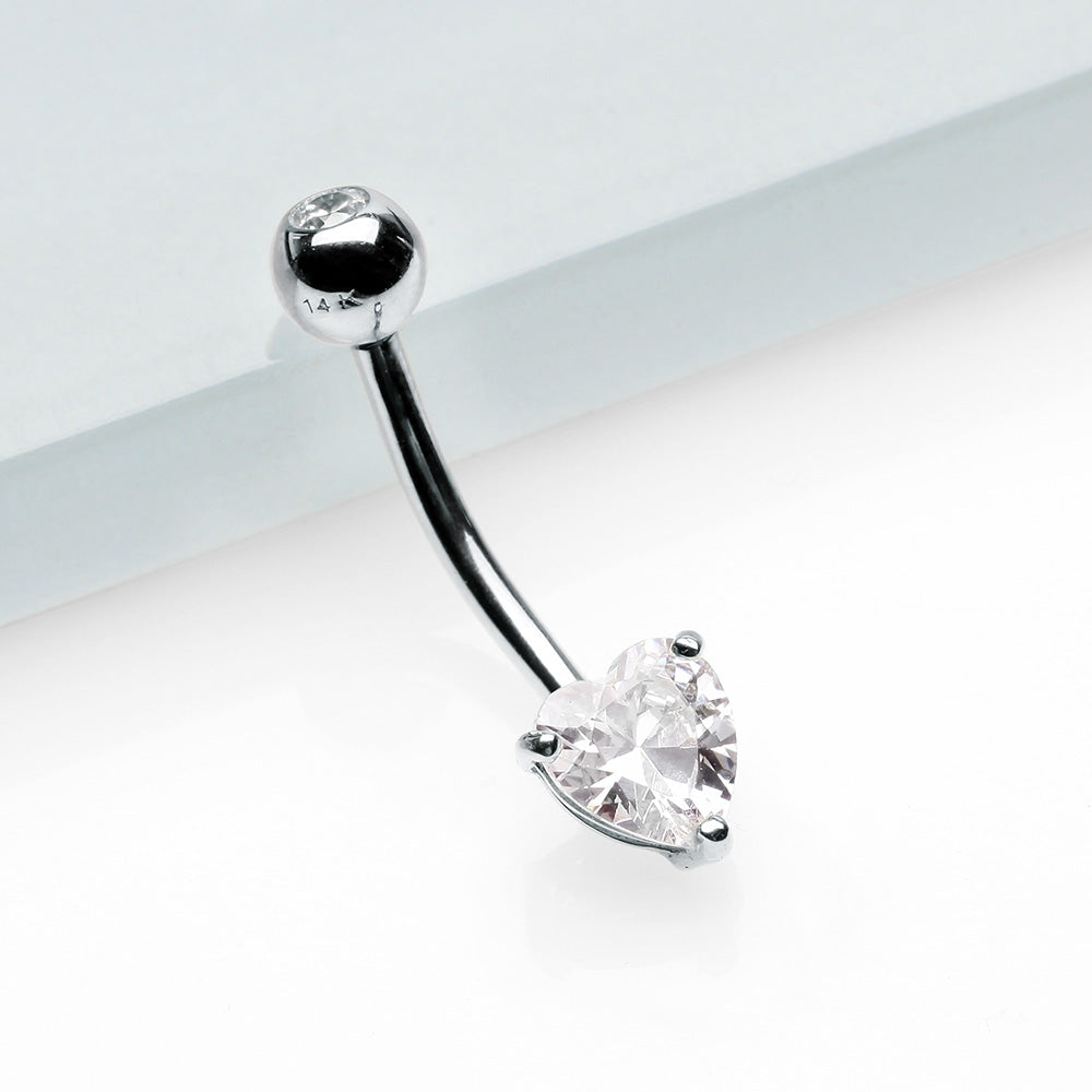 Detail View 2 of 14 Karat White Gold Prong Set Heart Gem Belly Button Ring-Clear Gem