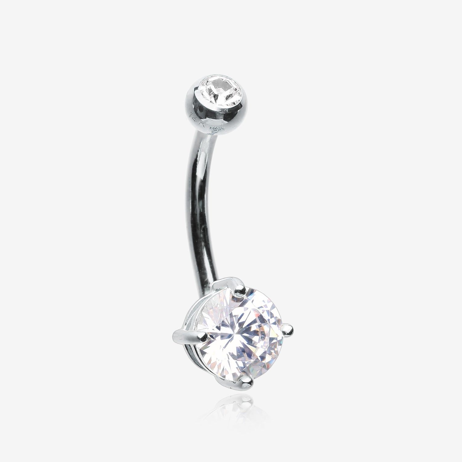 14 Karat White Gold Prong Set Gem Belly Button Ring-Clear Gem