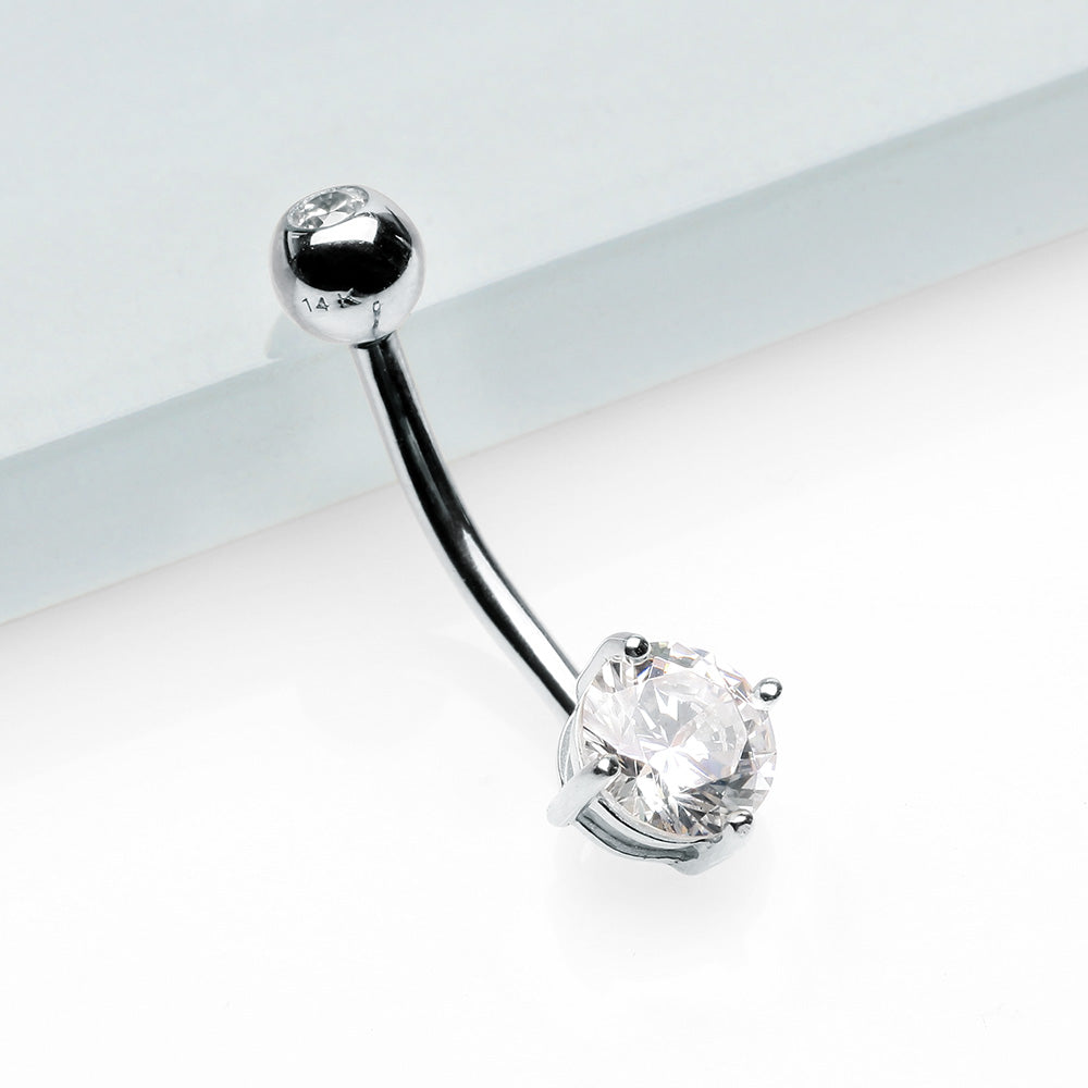Detail View 2 of 14 Karat White Gold Prong Set Gem Belly Button Ring-Clear Gem