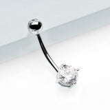 Detail View 2 of 14 Karat White Gold Prong Set Gem Belly Button Ring-Clear Gem
