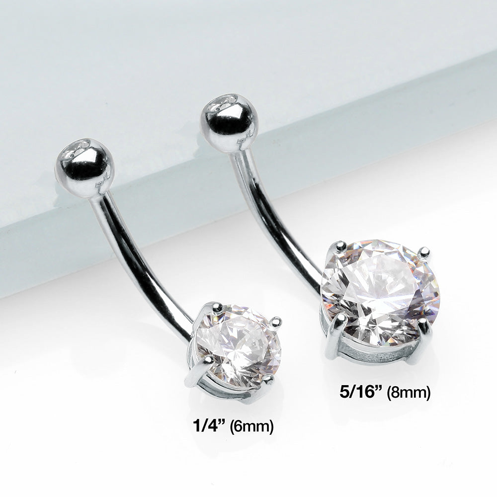 Detail View 3 of 14 Karat White Gold Prong Set Gem Belly Button Ring-Clear Gem