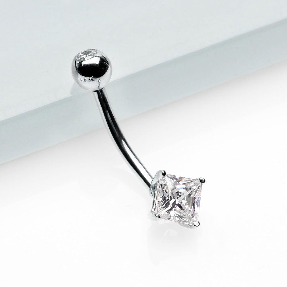 Detail View 2 of 14 Karat White Gold Prong Set Princess Cut Gem Belly Button Ring-Clear Gem