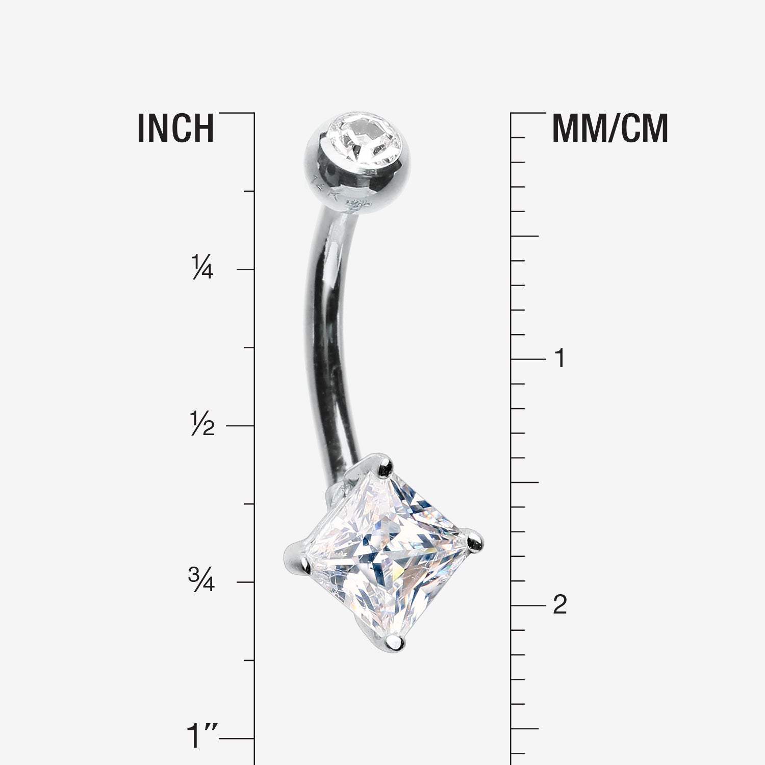 Detail View 1 of 14 Karat White Gold Prong Set Princess Cut Gem Belly Button Ring-Clear Gem