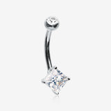 14 Karat White Gold Prong Set Princess Cut Gem Belly Button Ring