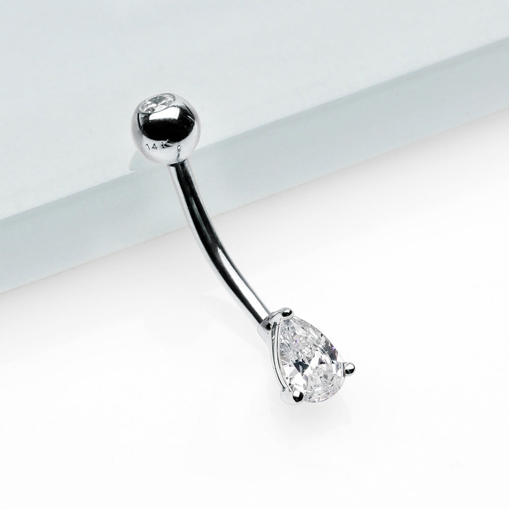 Detail View 2 of 14 Karat White Gold Prong Set Teardrop Gem Belly Button Ring-Clear Gem
