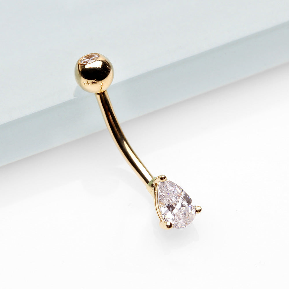 Detail View 2 of 14 Karat Gold Prong Set Teardrop Gem Belly Button Ring-Clear Gem