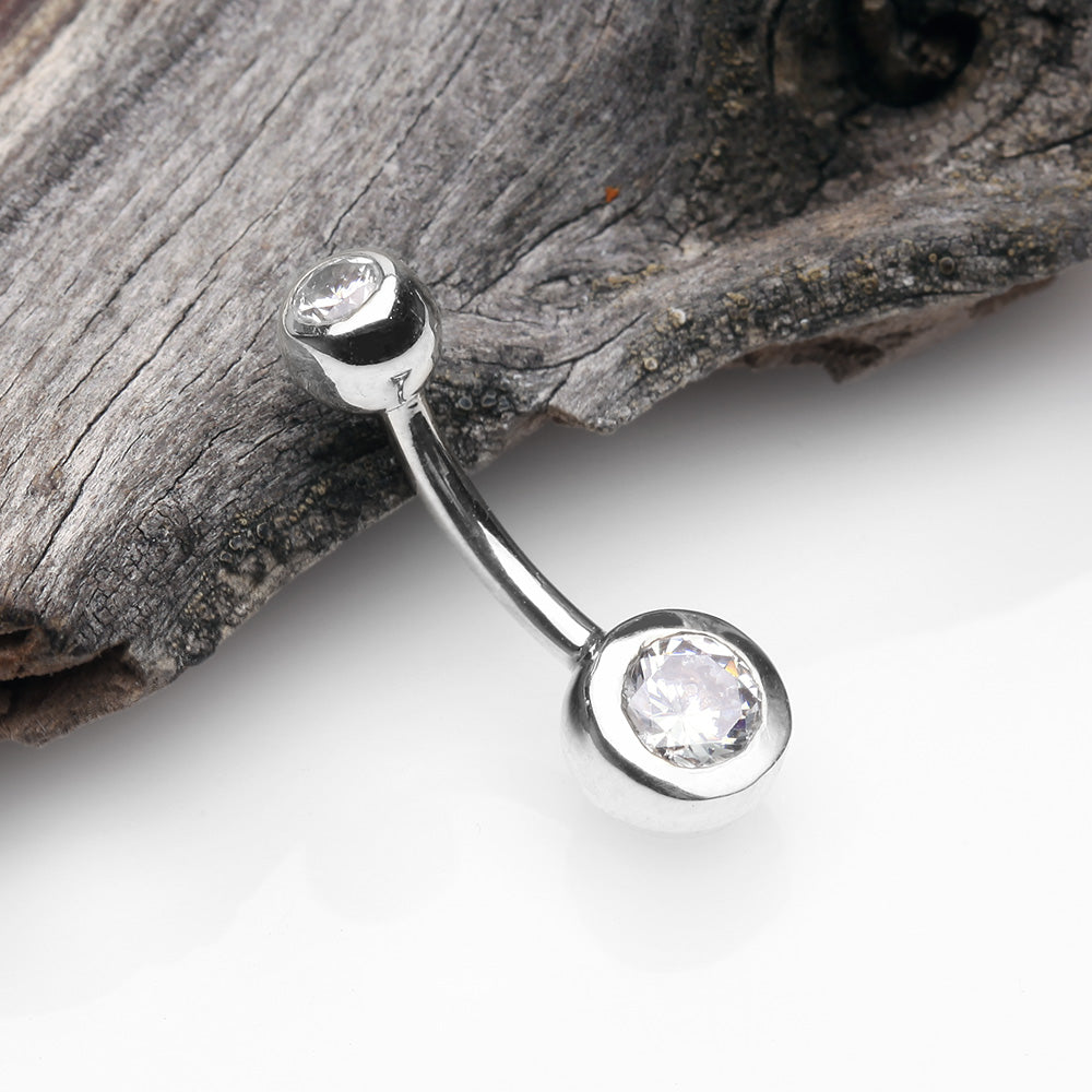 Detail View 2 of 14 Karat White Gold Double Gem Ball Sparkle Basic Belly Button Ring-Clear Gem