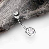 Detail View 2 of 14 Karat White Gold Double Gem Ball Sparkle Basic Belly Button Ring-Clear Gem