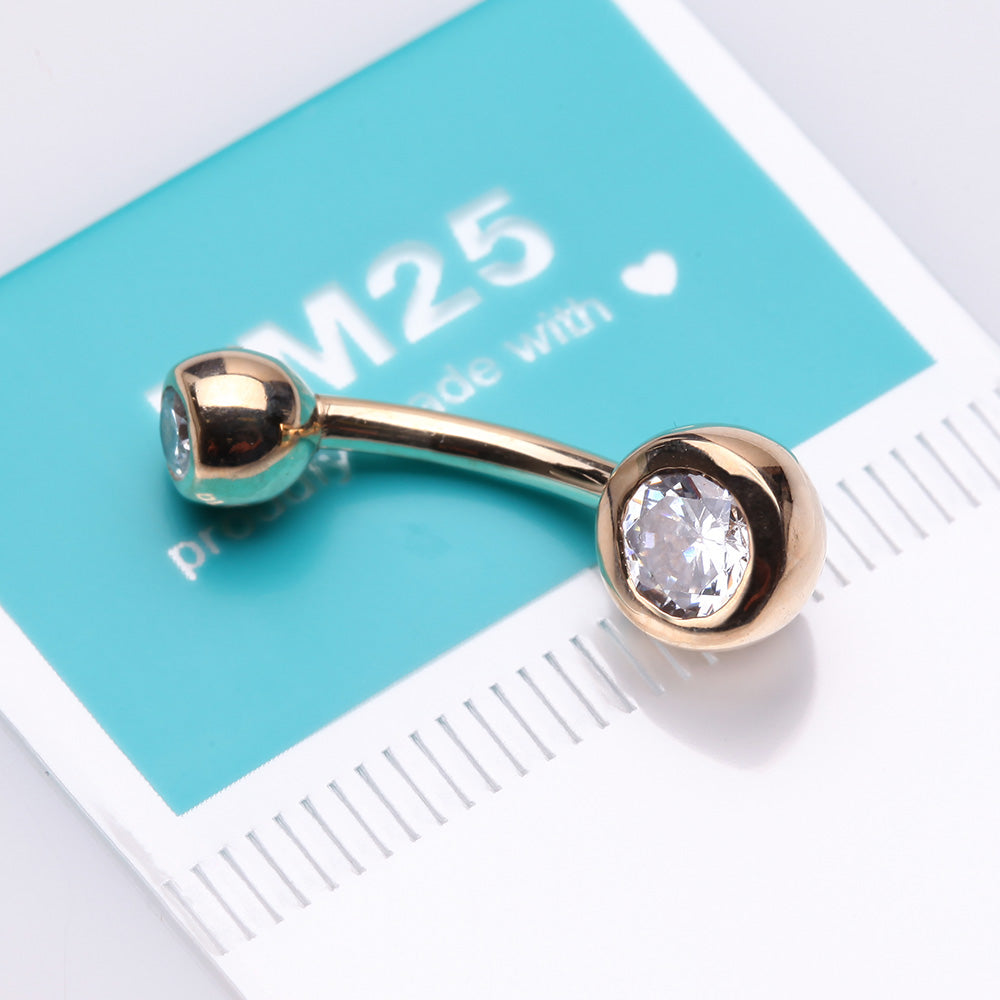 Detail View 3 of 14 Karat Gold Double Gem Ball Sparkle Basic Belly Button Ring-Clear Gem