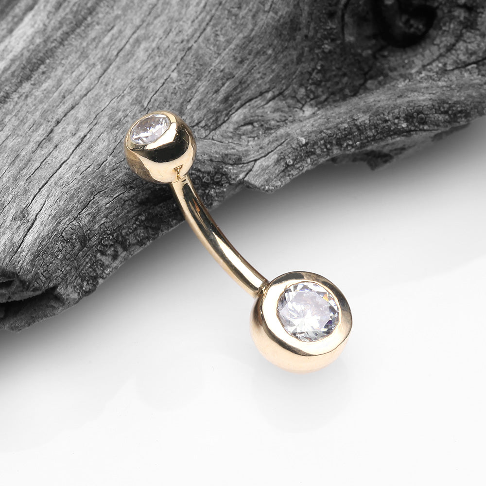 Detail View 2 of 14 Karat Gold Double Gem Ball Sparkle Basic Belly Button Ring-Clear Gem