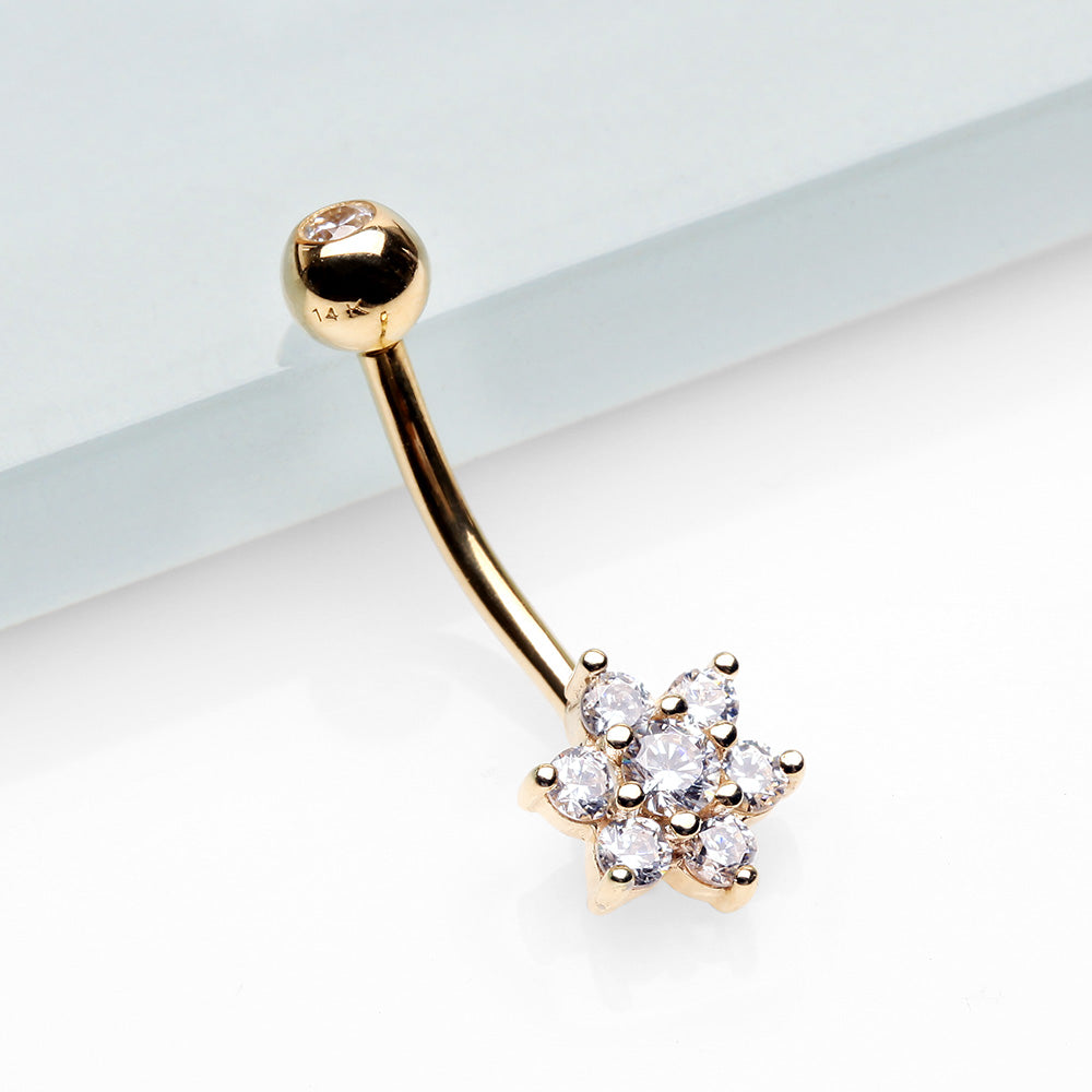 Detail View 2 of 14 Karat Gold Brilliant Sparkle Prong Set Flower Belly Button Ring-Clear Gem