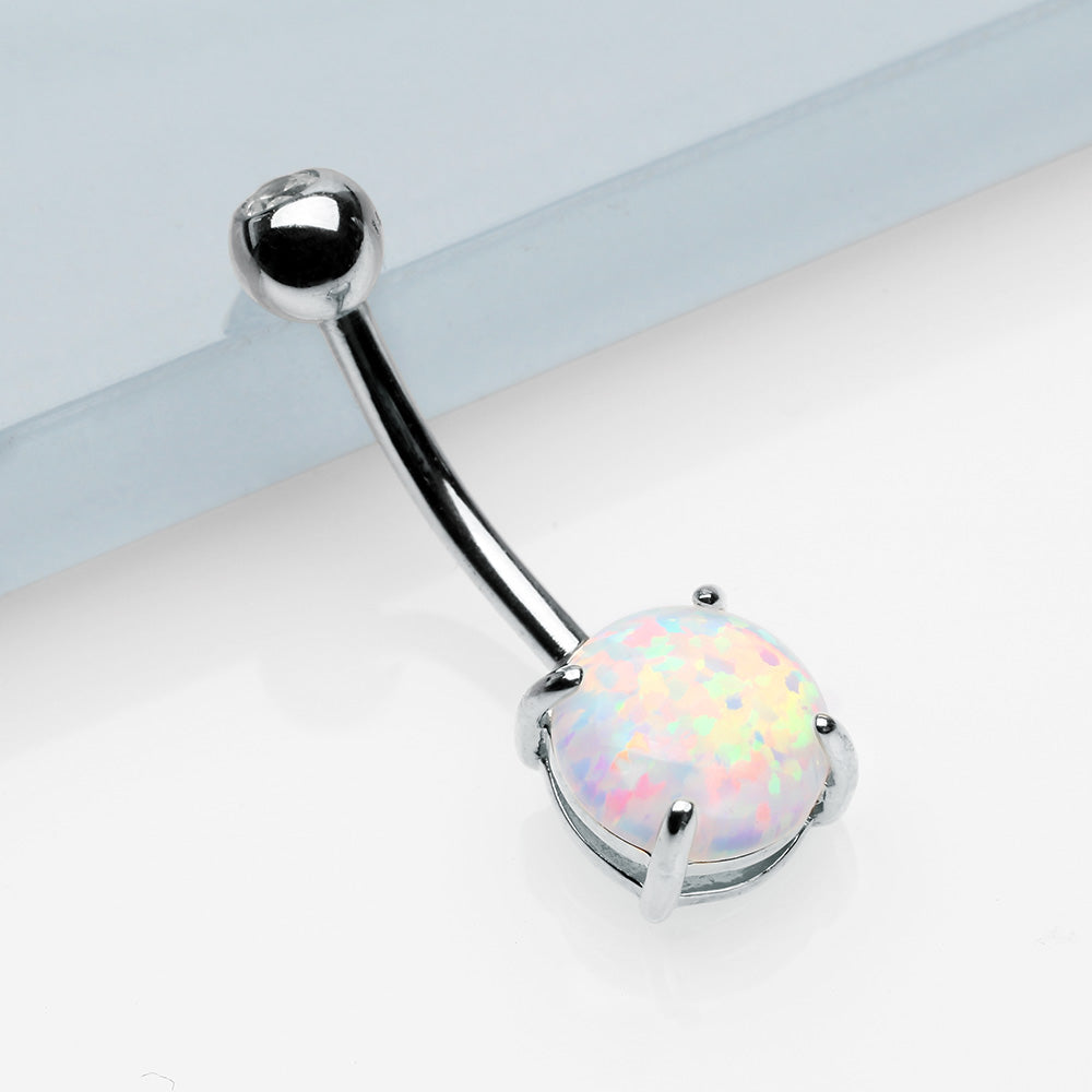 Detail View 2 of 14 Karat White Gold Prong Set Fire Opal Belly Button Ring-Clear Gem/White Opal