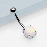 Detail View 2 of 14 Karat White Gold Prong Set Fire Opal Belly Button Ring-Clear Gem/White Opal