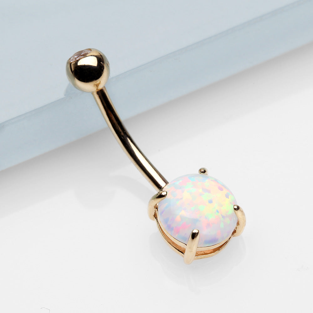 Detail View 2 of 14 Karat Gold Prong Set Fire Opal Belly Button Ring-Clear Gem/White Opal