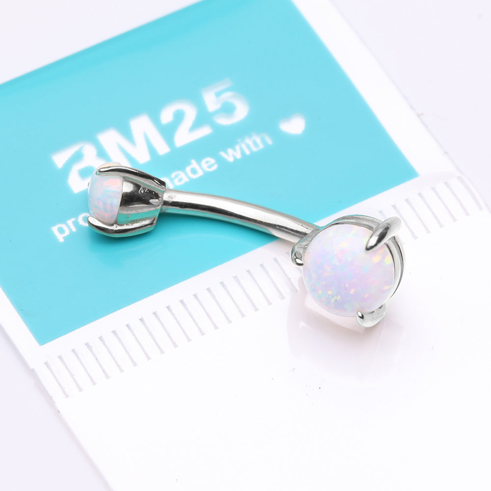Detail View 3 of 14 Karat White Gold Fire Opal Sparkle Double Prong Belly Button Ring-White Opal