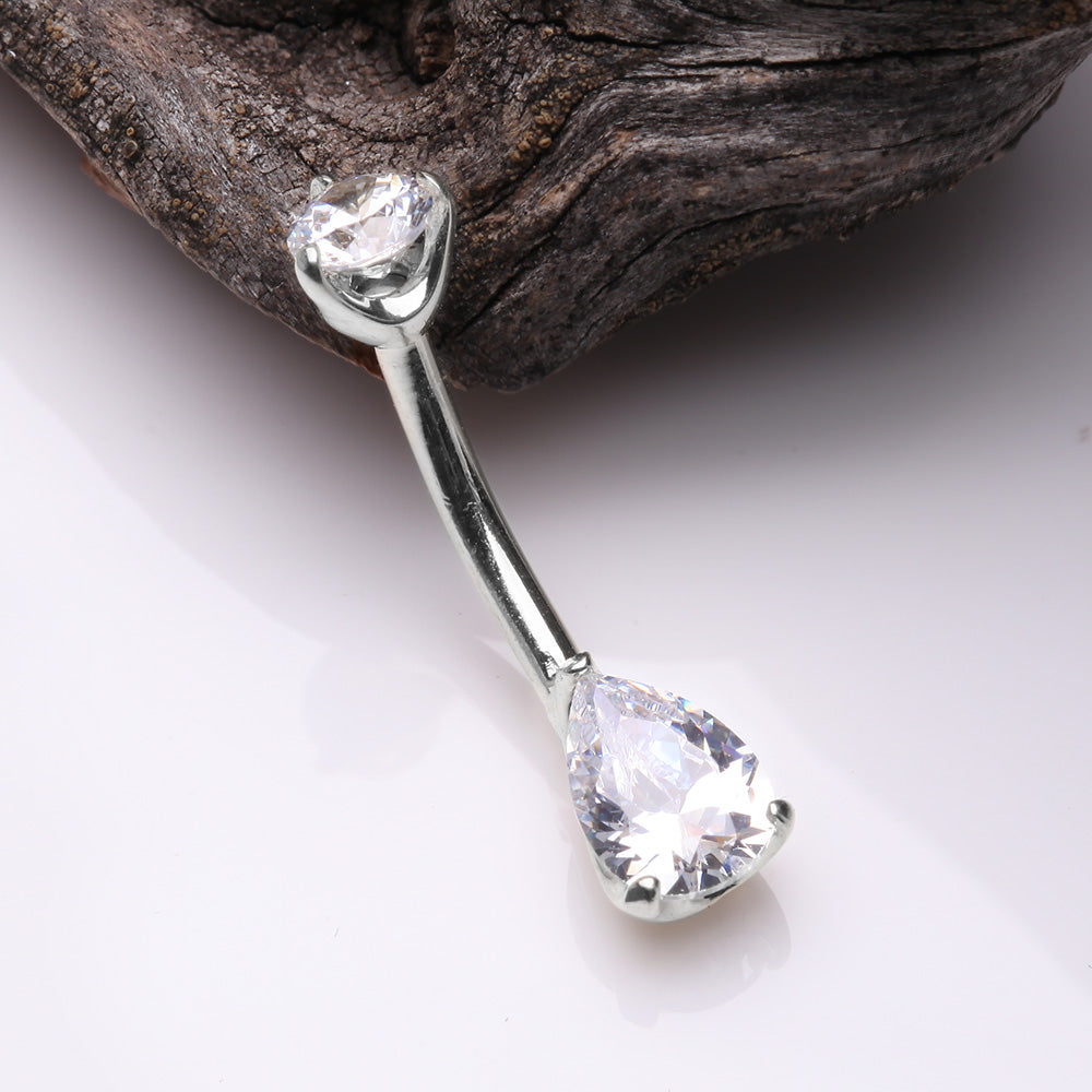 Detail View 2 of 14 Karat White Gold Dainty Brilliant Teardrop Sparkle Belly Button Ring-Clear Gem