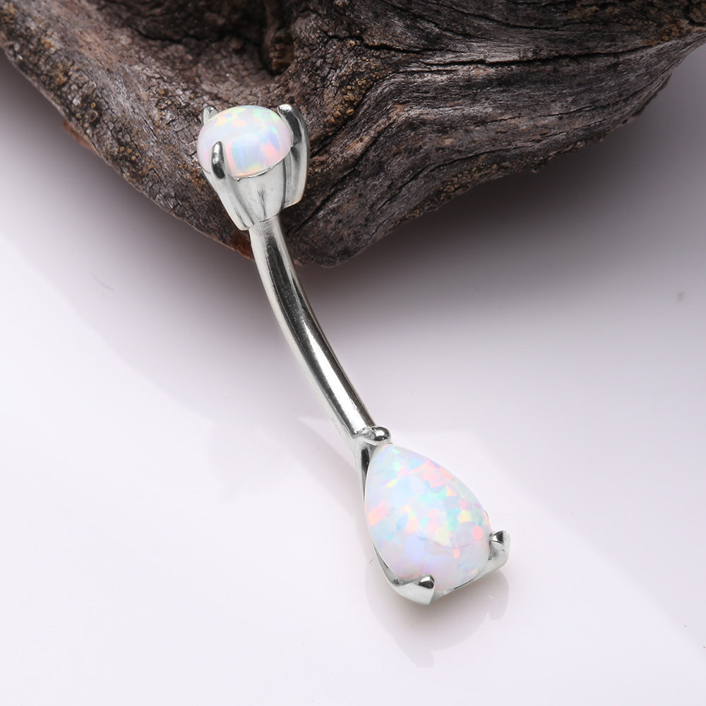 Detail View 2 of 14 Karat White Gold Dainty Fire Opal Teardrop Sparkle Belly Button Ring-White Opal