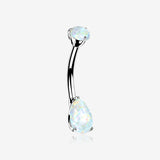 14 Karat White Gold Dainty Fire Opal Teardrop Sparkle Belly Button Ring