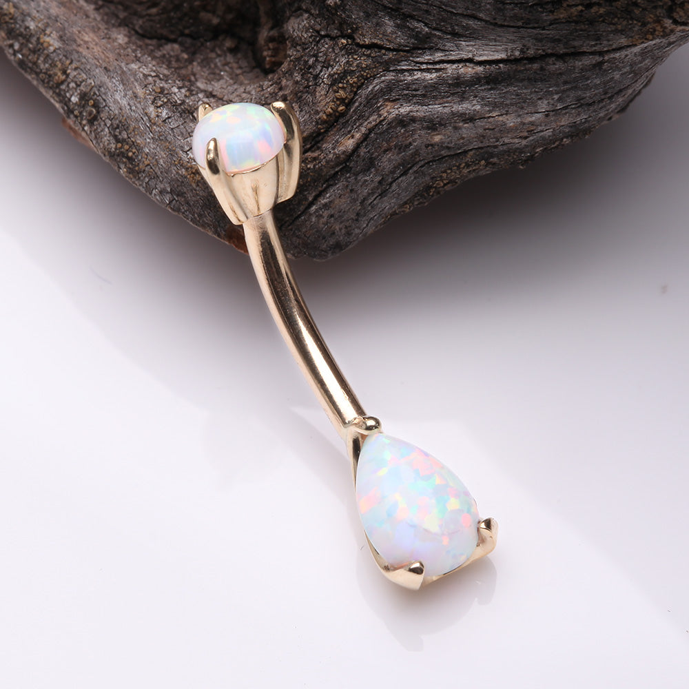Detail View 2 of 14 Karat Gold Dainty Fire Opal Teardrop Sparkle Belly Button Ring-White Opal