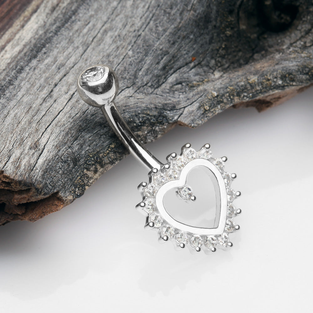 Detail View 2 of 14 Karat White Gold Brilliant Sparkle Multi-Gem Heart Belly Button Ring-Clear Gem