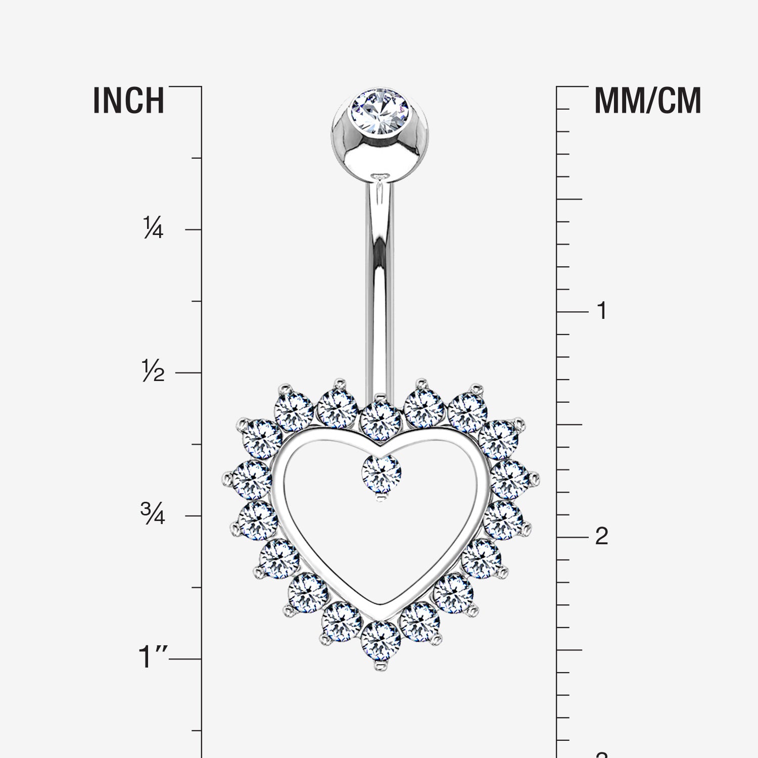Detail View 1 of 14 Karat White Gold Brilliant Sparkle Multi-Gem Heart Belly Button Ring-Clear Gem