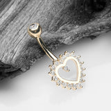 Detail View 2 of 14 Karat Gold Brilliant Sparkle Multi-Gem Heart Belly Button Ring-Clear Gem