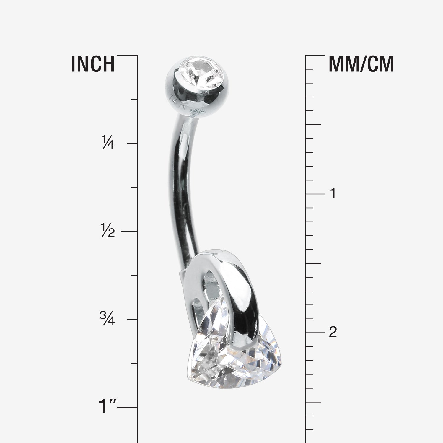 Detail View 1 of 14 Karat White Gold Triangle Gem Huggie Prong Belly Button Ring-Clear Gem