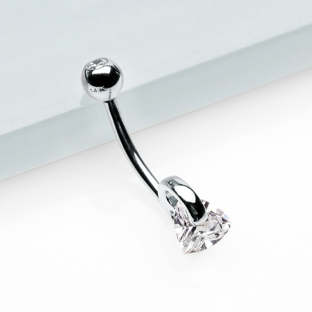 Detail View 2 of 14 Karat White Gold Triangle Gem Huggie Prong Belly Button Ring-Clear Gem