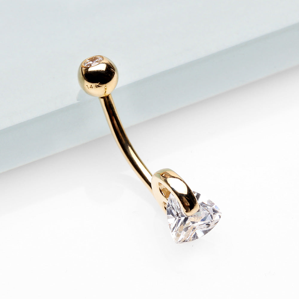 Detail View 2 of 14 Karat Gold Triangle Gem Huggie Prong Belly Button Ring-Clear Gem