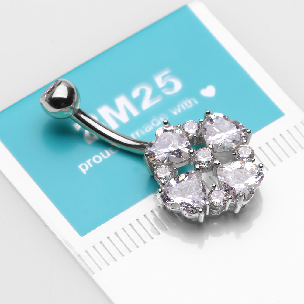 Detail View 3 of 14 Karat White Gold Brilliant Multi Heart Gem Sparkle Floral Belly Button Ring-Clear Gem