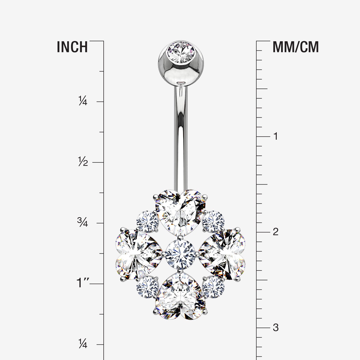Detail View 1 of 14 Karat White Gold Brilliant Multi Heart Gem Sparkle Floral Belly Button Ring-Clear Gem