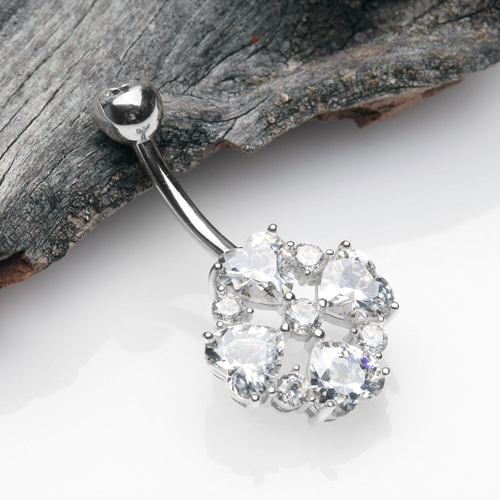 Detail View 2 of 14 Karat White Gold Brilliant Multi Heart Gem Sparkle Floral Belly Button Ring-Clear Gem