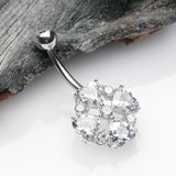 Detail View 2 of 14 Karat White Gold Brilliant Multi Heart Gem Sparkle Floral Belly Button Ring-Clear Gem
